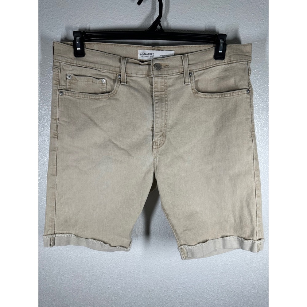 Signature by Levi Strauss & Co. Jean Shorts Mens 35 Tan Khaki Denim Raw Hem 6907